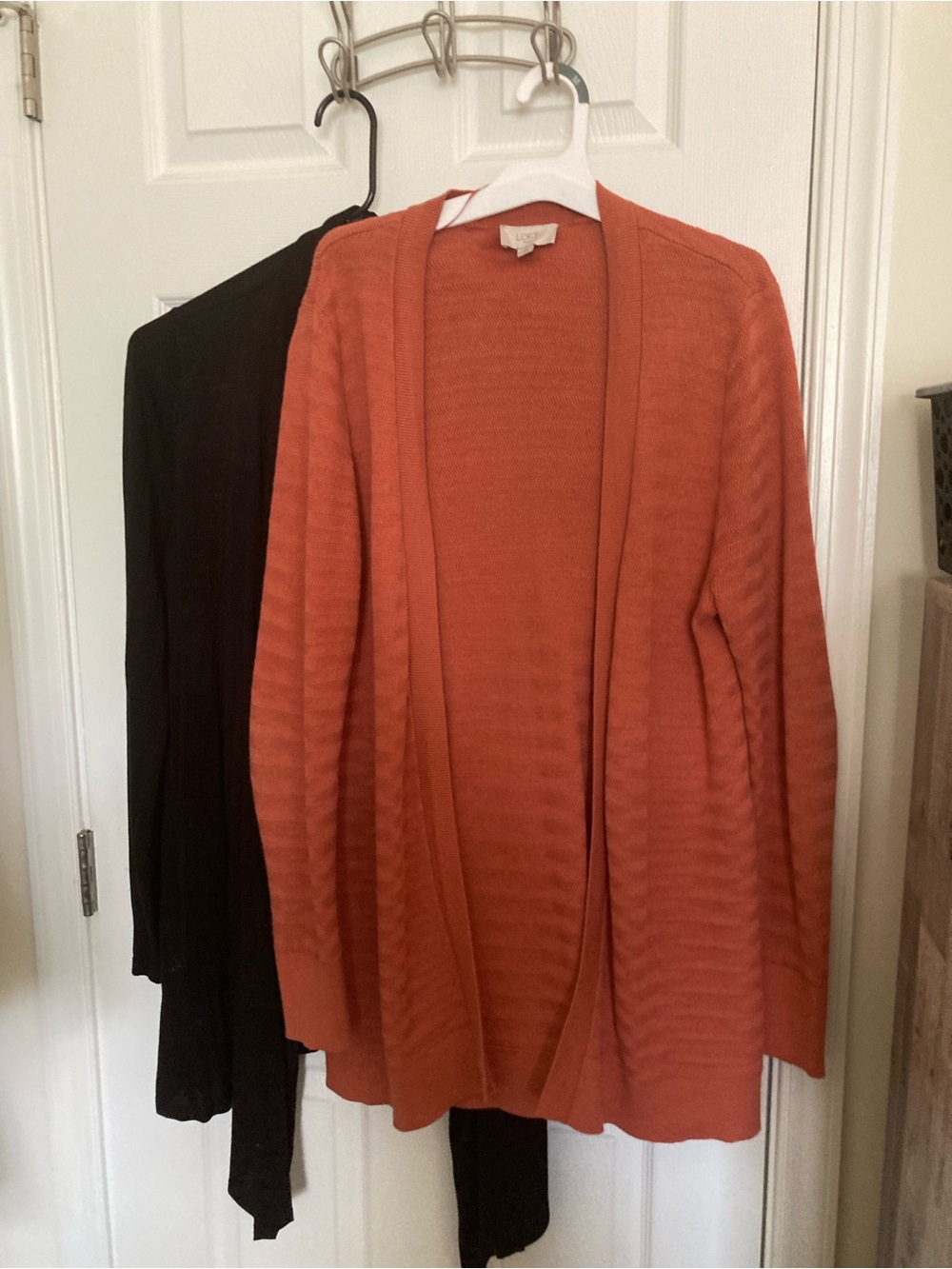 Premise Black swing cardigan and Loft Open-Front Rust Orange Cardigan